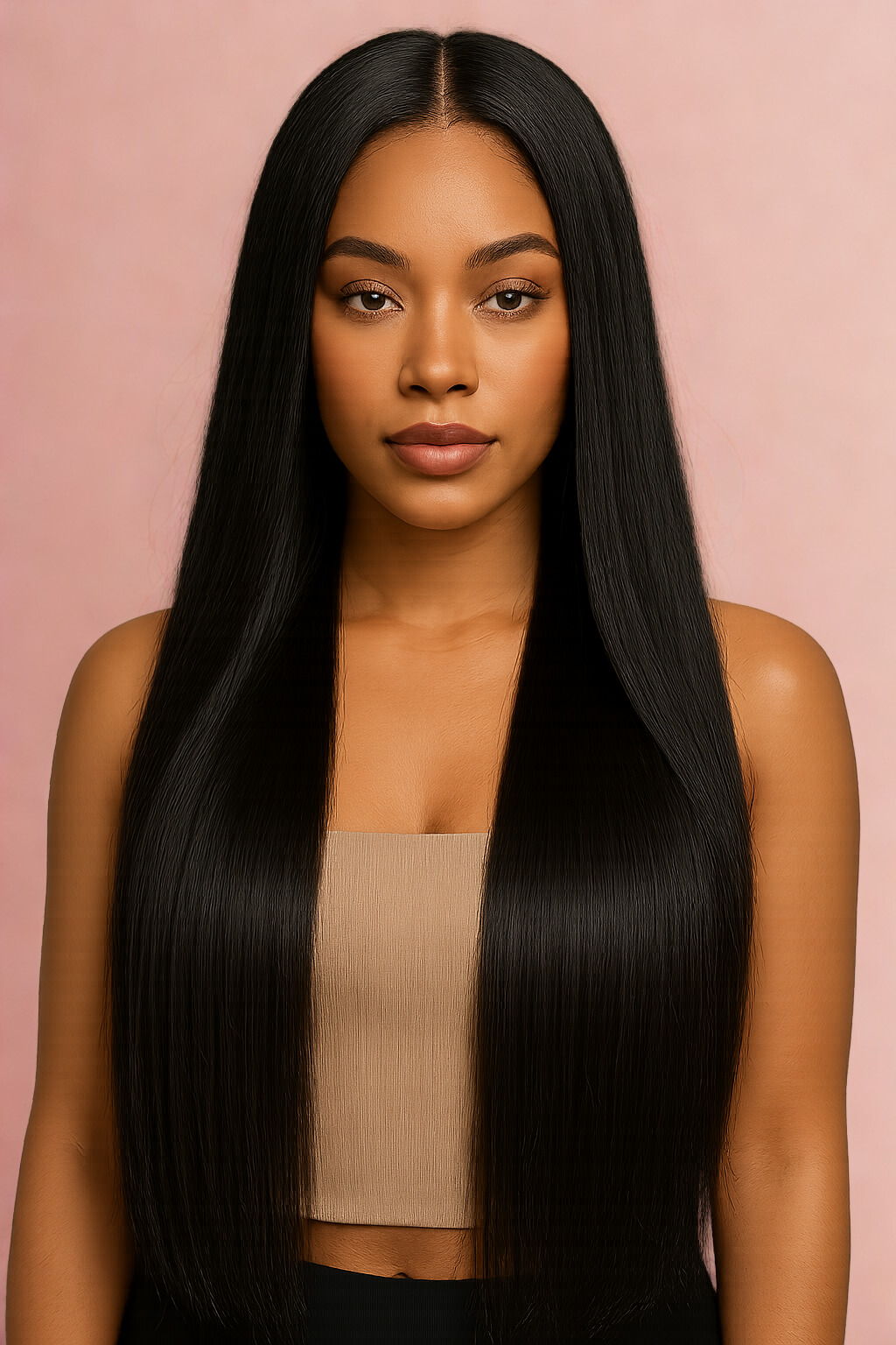 Straight black bundle on model by Top Notch Hair Shop